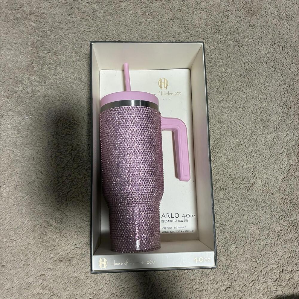 House of Harlow 1960 Arlo 40oz Pink Rhinestone Tumbler Cup Handle Straw Lid New
